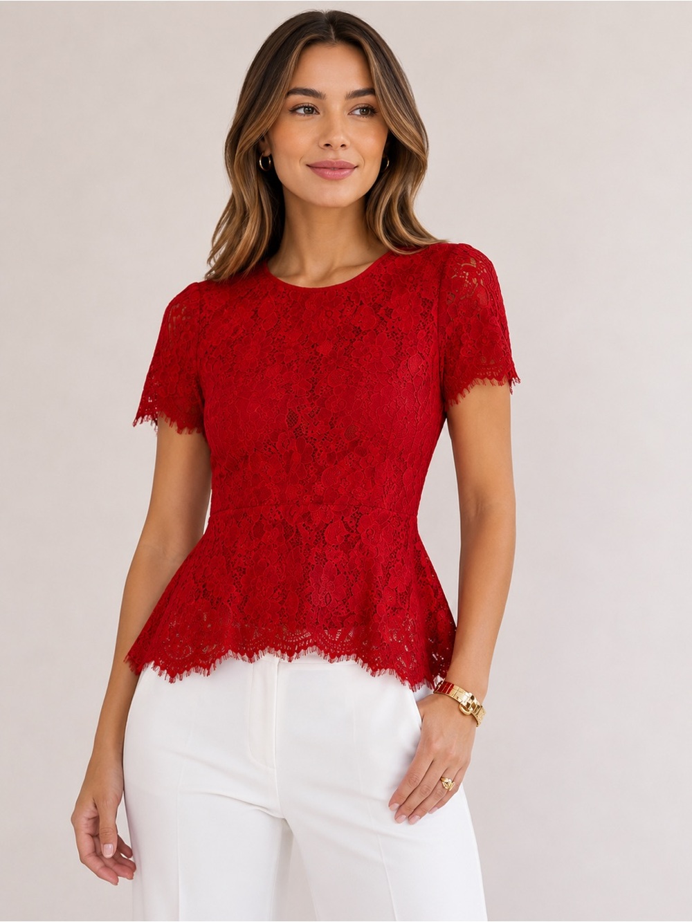 BCBGMaxAzria EVIA  Red Lace Peplum Top size M Romantic Lace blouse
